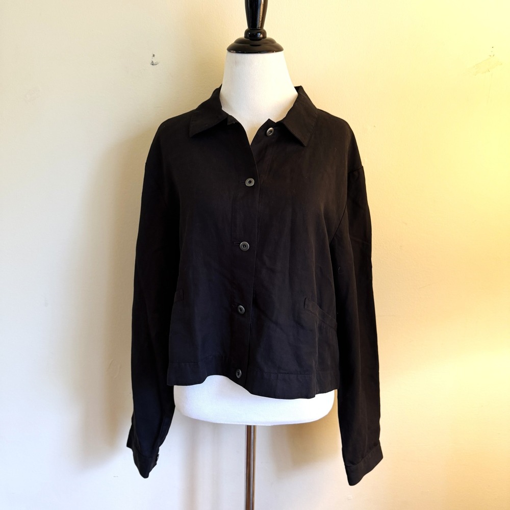 Eileen Fisher Black Tencel Linen Blend Cropped Button Front Jacket M/M F17TLL
